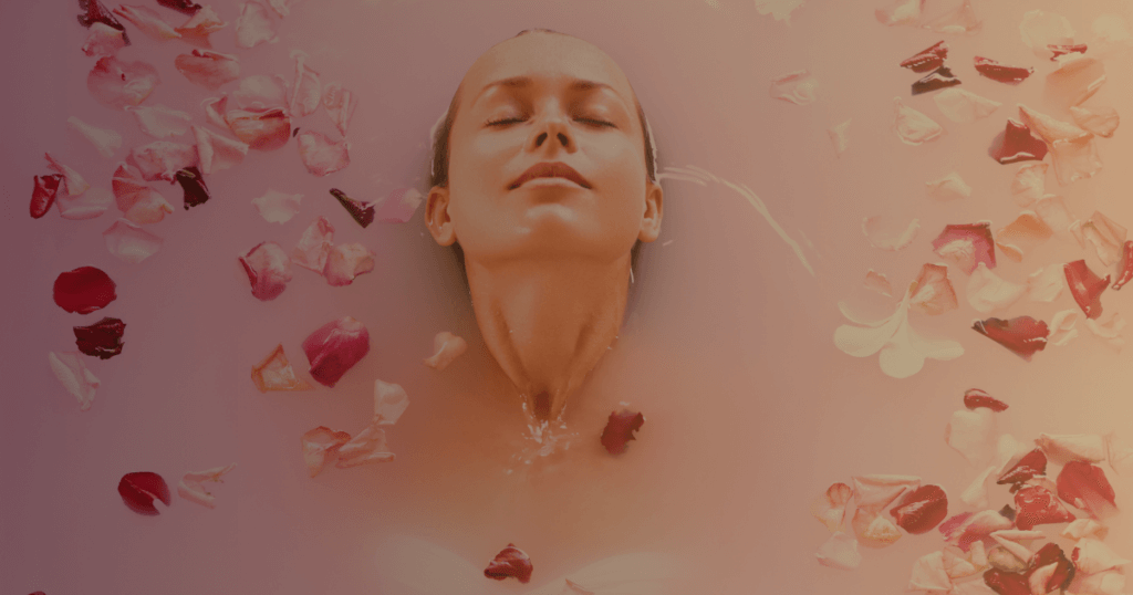 Featured image with the goddess Venus in a sunlit rose petal bath background for the blog post: "Ethereal Storytelling. Aphrodite Concept: The Celestial Goddess of Love".