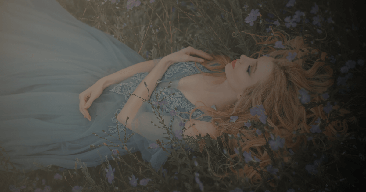 Featured image with a sleeping princess in the woods background for the blog post: "Ethereal Storytelling. Fable Concept: The Woven Path of the Enchanted Forest".