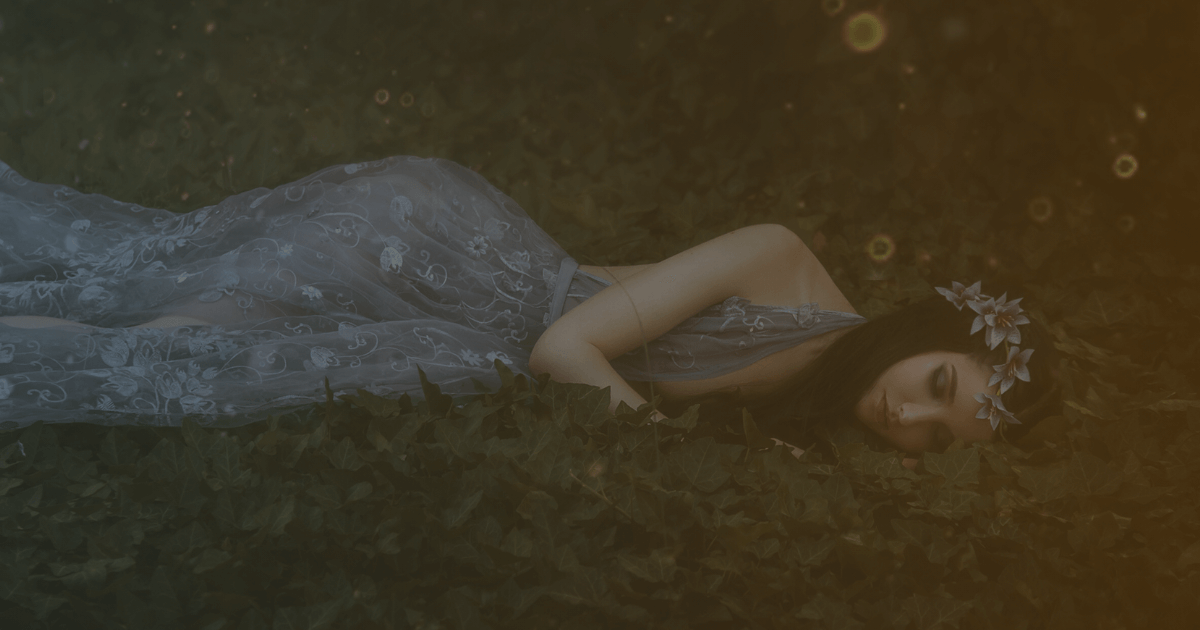 Featured image with a sleeping princess in the woods background for the blog post: "Ethereal Storytelling. Fable Concept: The Woven Path of the Enchanted Forest".