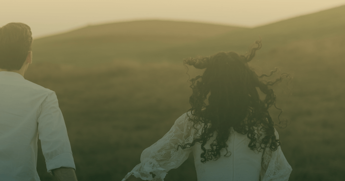 Eloping couple running through a spring meadow at dawn – featured image for the multisensory Ethereal Storytelling Concept: “Romanticism Concept: No Way Back, the Seals Are Broken”.