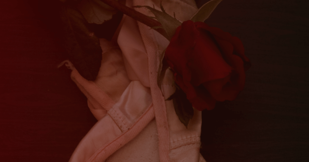Featured image with a single burgundy rose and a pair of antiqued pink ballet shoes in the shadows for the multisensory Ethereal Concept: "Ethereal Storytelling - Rose Concept: The Dancer of The Fallen Leaves".