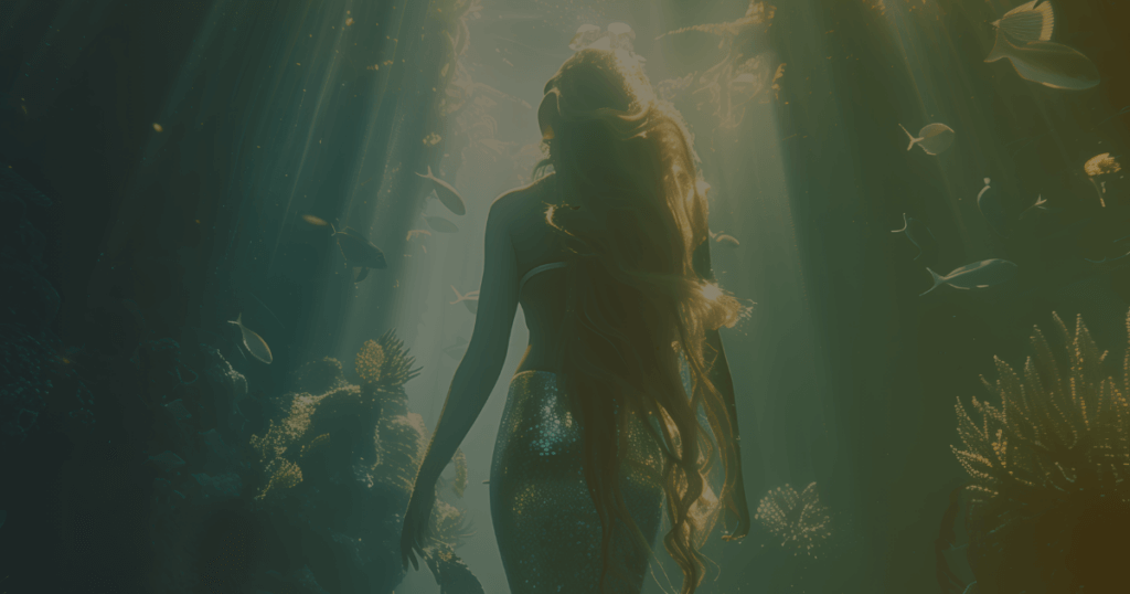 Featured image with an underwater mermaid floating between light and shadow for the multisensory Ethereal Concept: "Ethereal Storytelling - Siren Concept: Mysterious Beauty of the Abyss".