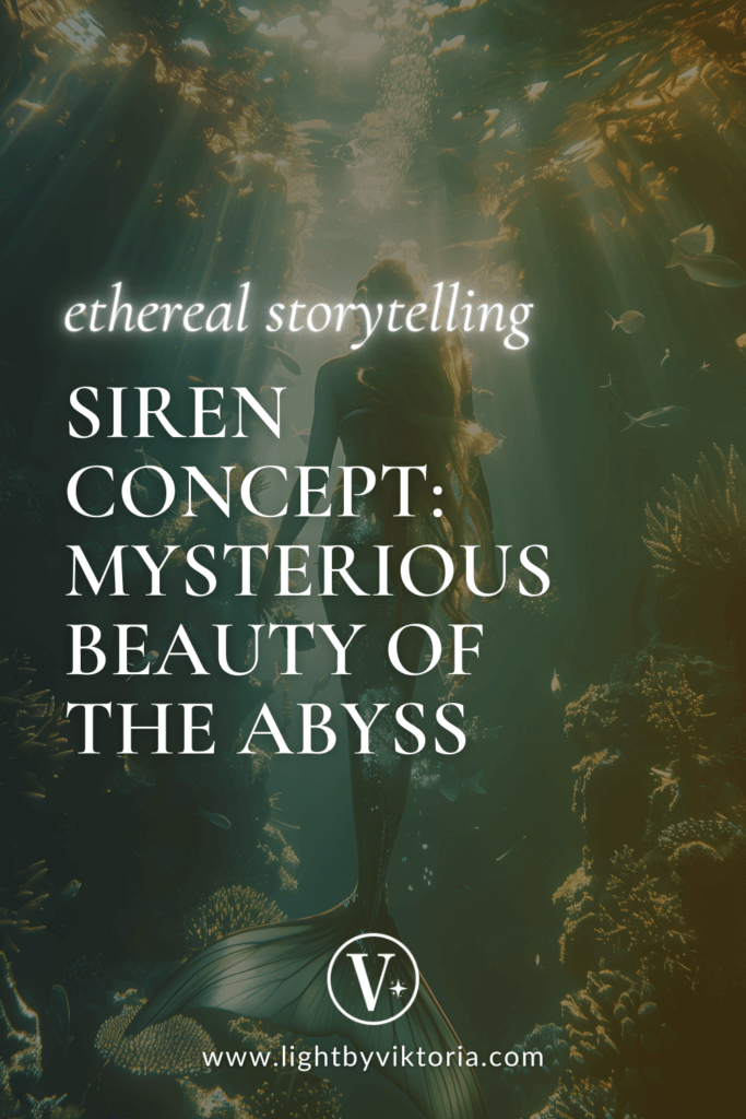 Pinterest graphic with an underwater mermaid background and the title of the blog post: "Ethereal Storytelling. Siren Concept: Mysterious Beauty of the Abyss".