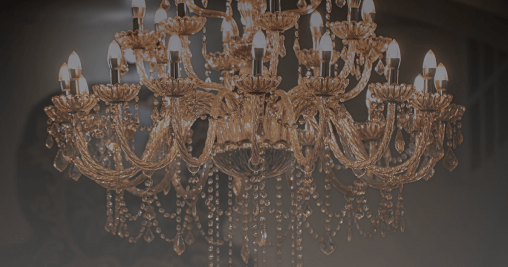 Featured image with an ornate chandelier hanging in a hauntingly beautiful ballroom for the multisensory Ethereal Concept: "Ethereal Storytelling - Winter Ball Concept: The Silent Reflection in Your Eyes".